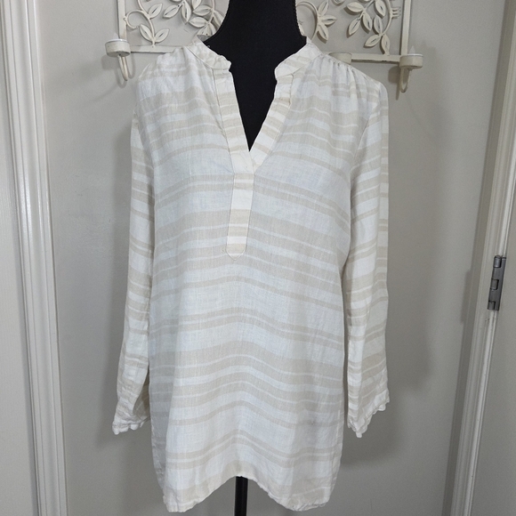 Ellen Tracy 100% Linen Striped V-Neck Shirt Size Med - Picture 1 of 4